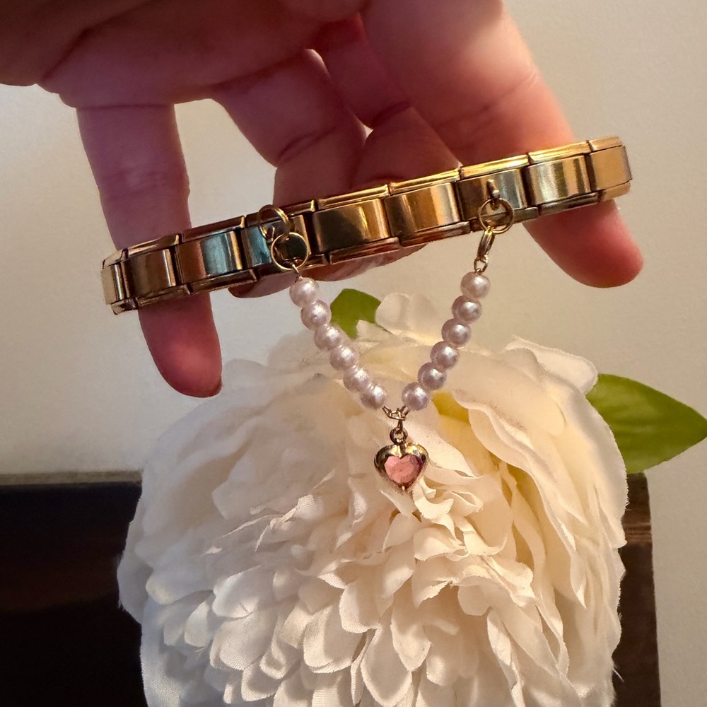 Pearl Accent Italian Charm Bracelet with Pink Crystal Heart